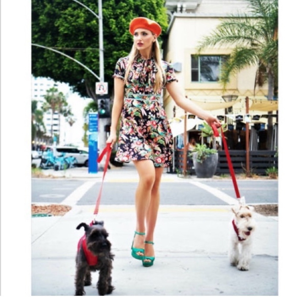 Dalia Mac Phee short sleeve tie neck floral printed mini dress with lace trim